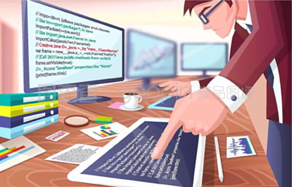 有屏幕的开发者,代表在办公室辛勤工作的程序员的海报,几台电脑,一杯咖啡和关于矢量插图的论文。